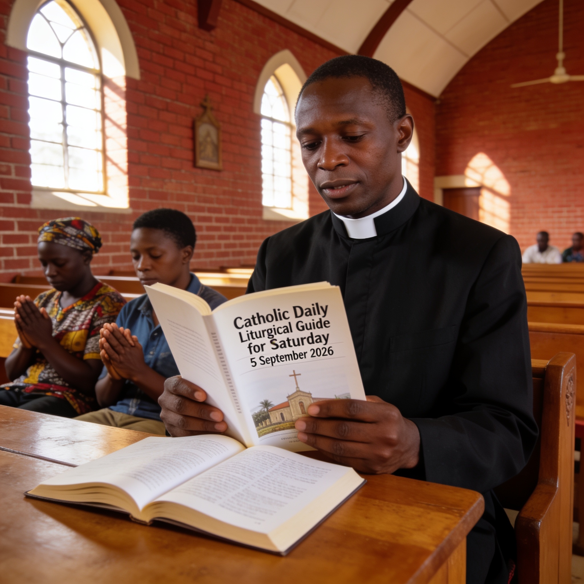 Create an editorial news illustration for an article about 'Catholic Daily Liturgical Guide for Saturday 5 September 2026'. The specific country is Zimbabwe (ZW); make visual cues accurate to this exact country and avoid flags or symbols of similar c