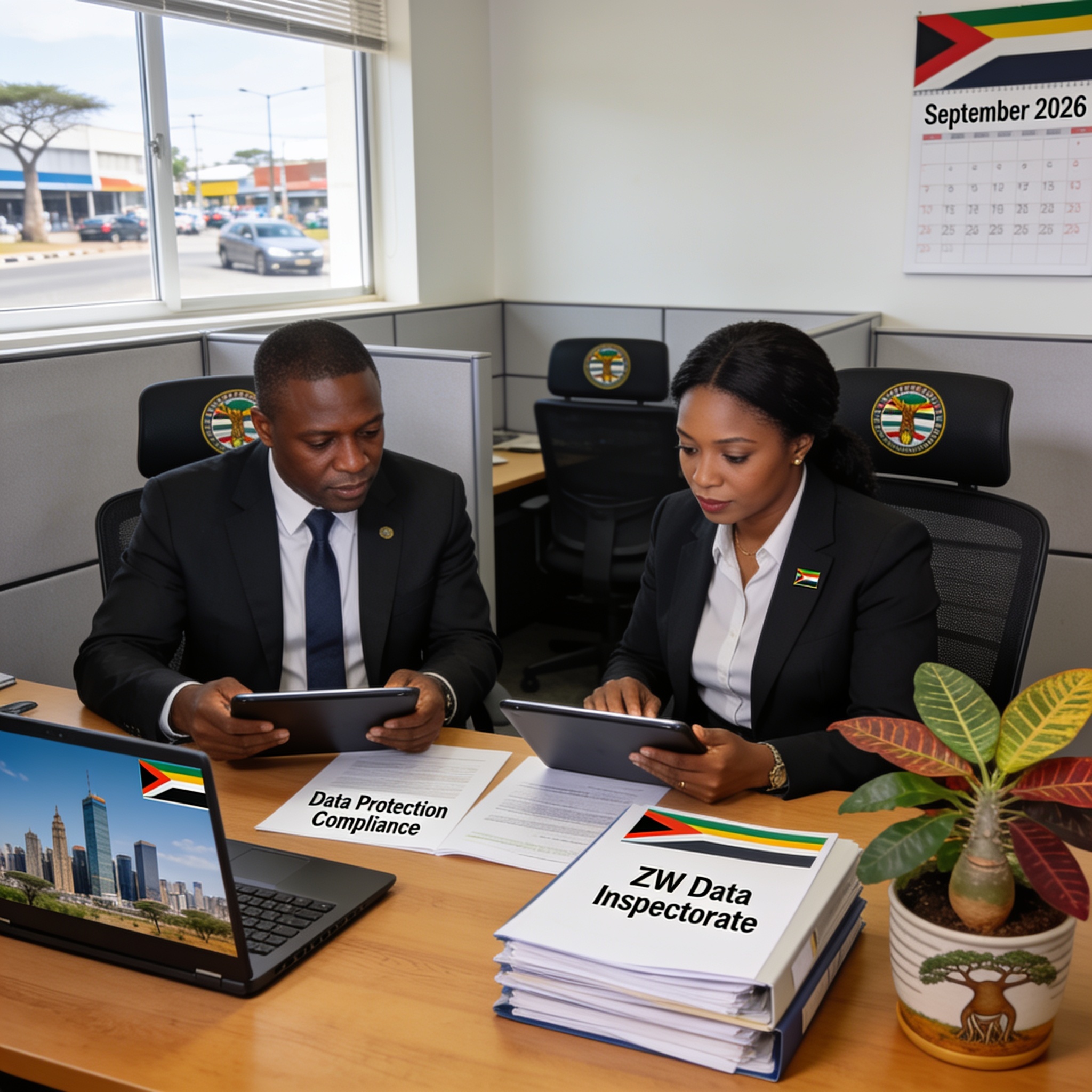 Create an editorial news illustration for an article about 'Data Protection Compliance: Zimbabwe Entities Face Mandatory Inspections from September 2026'. The specific country is Zimbabwe (ZW); make visual cues accurate to this exact country and avoi