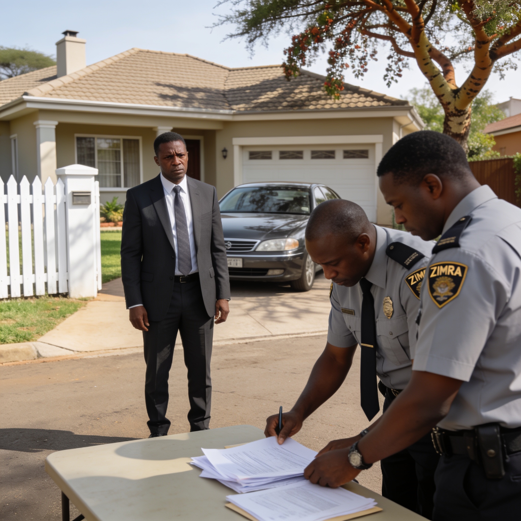 Create an editorial news illustration for an article about 'Guvamatanga Faces Fresh Property Allegations as Zimra Audits Borrowdale Brooke'. The specific country is Zimbabwe (ZW); make visual cues accurate to this exact country and avoid flags or sym