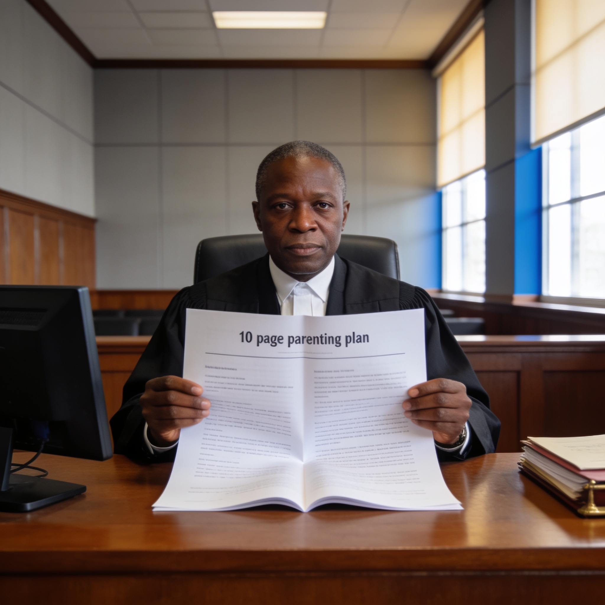 Create an editorial news illustration for an article about 'High Court Strikes Off Divorce Case Over Unenforceable 10-Page Parenting Plan'. The specific country is Zimbabwe (ZW); make visual cues accurate to this exact country and avoid flags or symb