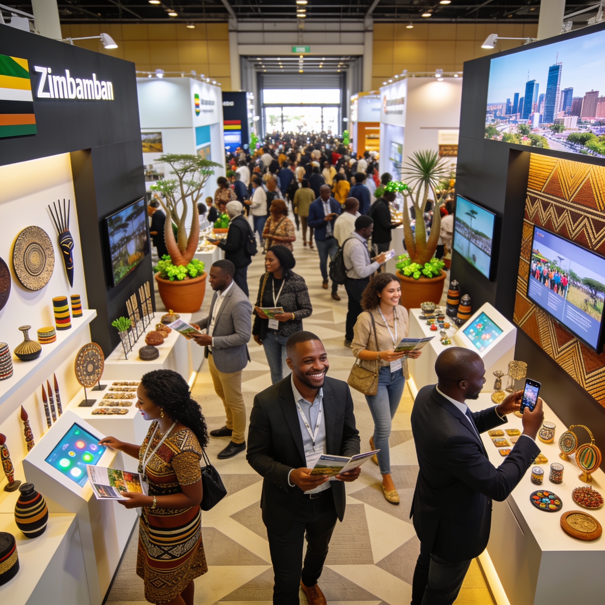 Create an editorial news illustration for an article about 'Sanganai/Hlanganani Dzimbabwe Tourism Expo Ends on High Note with Record Attendance'. The specific country is Zimbabwe (ZW); make visual cues accurate to this exact country and avoid flags o