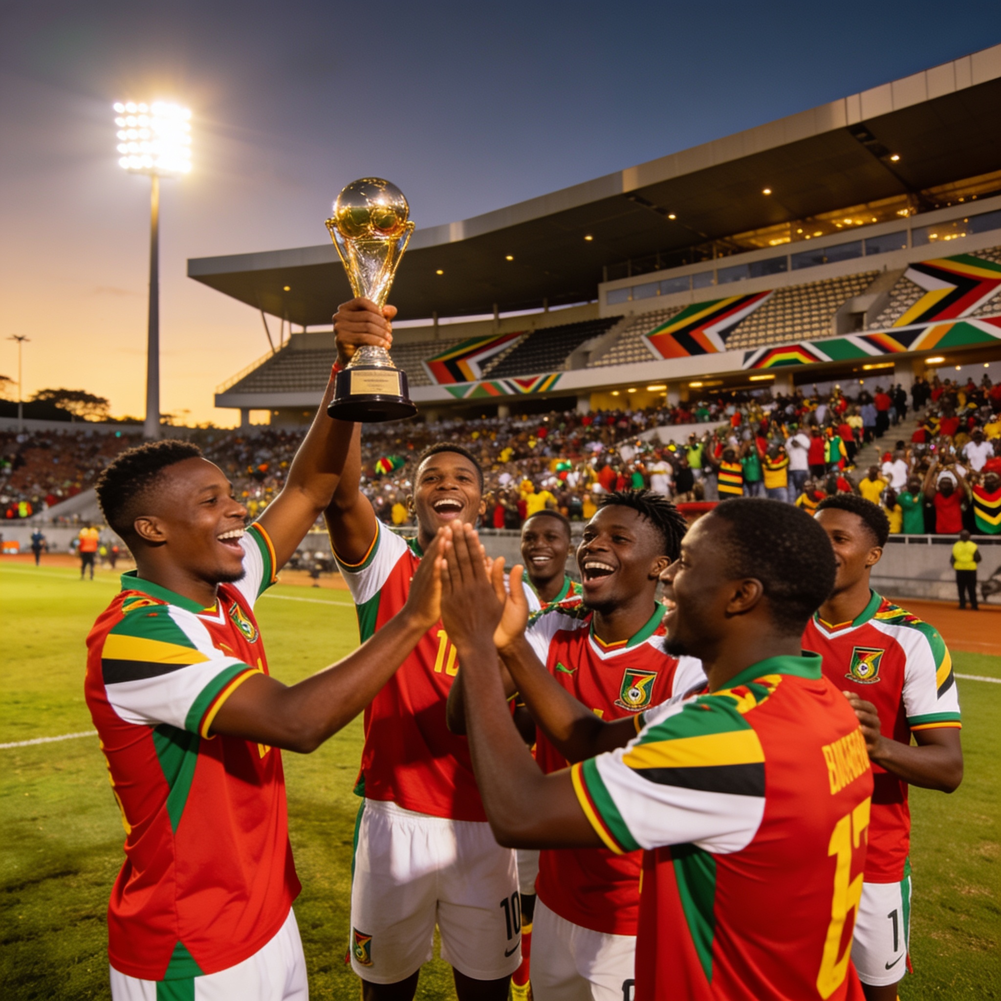 Create an editorial news illustration for an article about 'Zimbabwe Ends Cossasa Games on a High with Dominant Victory over Lesotho'. The specific country is Zimbabwe (ZW); make visual cues accurate to this exact country and avoid flags or symbols o