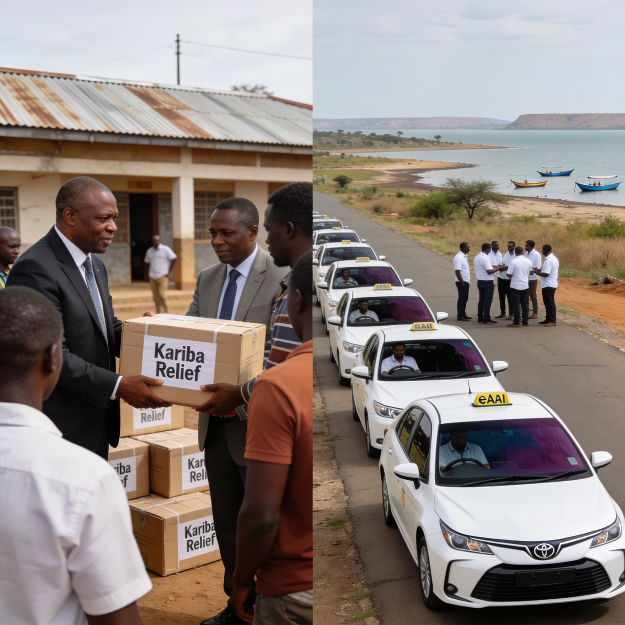 Create an editorial news illustration for an article about 'Zimbabwe Government Unveils Kariba Disaster Relief and Suspends E-Hailing Rules for Five Months'. The specific country is Zimbabwe (ZW); make visual cues accurate to this exact country and a
