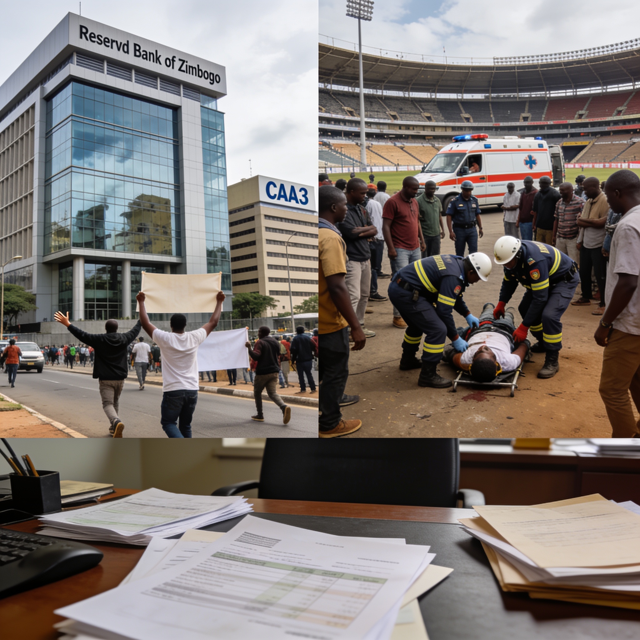Create an editorial news illustration for an article about 'Zimbabwe News Today: RBZ Rate Cut, CAA3 Fight, Stadium Death'. The specific country is Zimbabwe (ZW); make visual cues accurate to this exact country and avoid flags or symbols of similar co